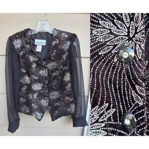 Vintage Another Thyme Women Black Silver Velvet Blouse Evening Jacket Vest 8 M